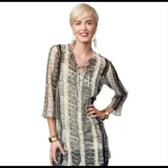 CAbi Beatnik Blouse Lace Up Tunic  3/4 Sleeve Semi Sheer Boho S #867 - Picture 1 of 6